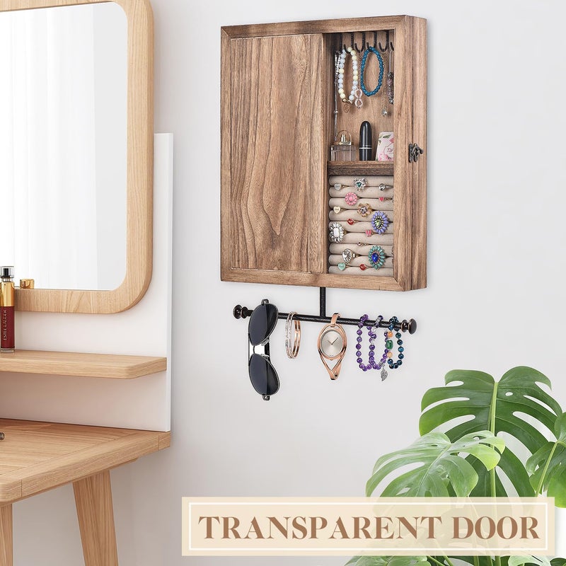 Keebofly Wall Mounted Jewelry Organizer Box Rustic Wood Large Space Jewelry Cabinet Holder Jewelry Storage Box for Necklaces, Earrings, Bracelets, Ring Holder, and Accessories (Carbonized Black) - Image 2